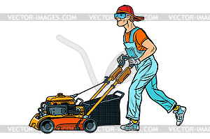 Lawn mower worker. Isolate - vector image