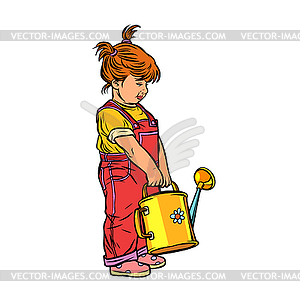 Little girl with garden watering can - vector EPS clipart