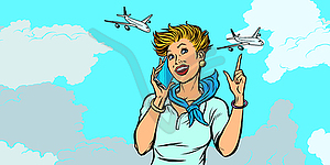 Woman stewardess with phone, sky and planes - vector clipart