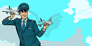 Male airplane pilot. Model aircraft in hand - vector clip art