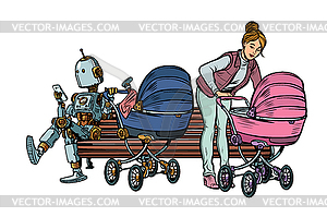 Young mother and robot with baby carriage, park - vector clipart