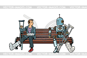 Robot and man with broken legs with crutches and - vector image