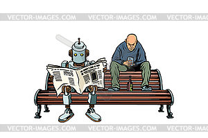 Robot reads morning newspaper, drunk man sits next - stock vector clipart