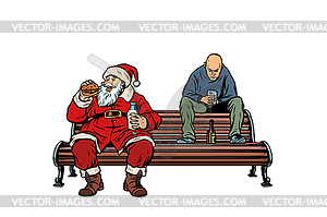 Santa Claus eats fast food Burger, hooligan drinks - vector clip art