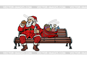 Santa Claus hungry eating on Park bench - vector clip art