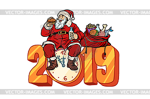 Hungry Santa Claus eating, new year 2019 - vector clipart