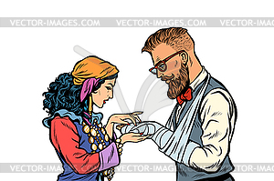 Gypsy palmist and hipster. Patient with plaster - royalty-free vector clipart