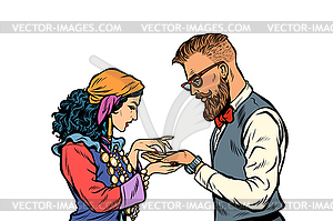 Gypsy palmist and hipster. Isolate - vector image