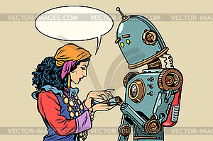 Gypsy fortune teller and robot. Palmistry - vector clipart