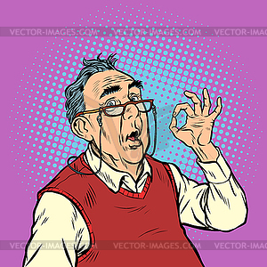 Surprise elderly man with glasses okay gesture - vector clipart