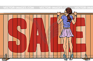 Woman looks over fence. sale house real estate - vector image