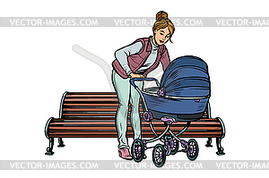 Young mother with baby carriage, park bench - stock vector clipart