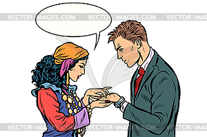 Gypsy telling fortunes by hand to businessman. - vector image