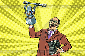 Inventor engineer and robot. New technology progress - vector clipart