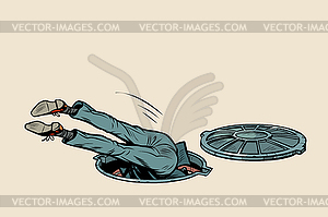 Man fell into sewer manhole - vector clipart