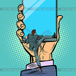 Man gets into smartphone - vector clipart