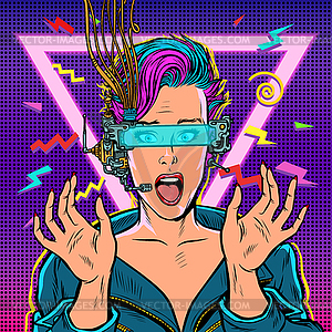 Surprised woman in virtual reality - vector clipart