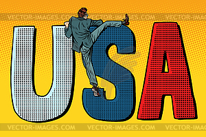 Businessman man climbs across border. usa word - vector image