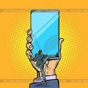 Man gets into smartphone - vector image