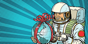 Astronaut gives planet Earth - vector clipart