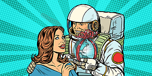 Couple in love. Astronaut gives woman Earth - vector clip art