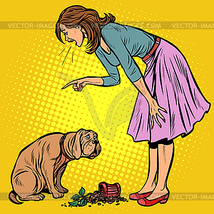 Woman scolds guilty dog. Broken pot with flower - vector clip art