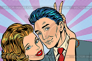 Woman puts horns to man, hand gesture joke - vector image