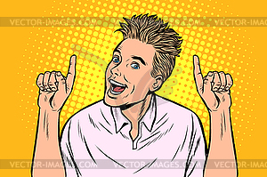 Young man points gesture - vector image