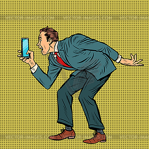 Man funny photographs smartphone - vector clipart