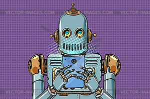 Robot looks at smartphone - vector EPS clipart