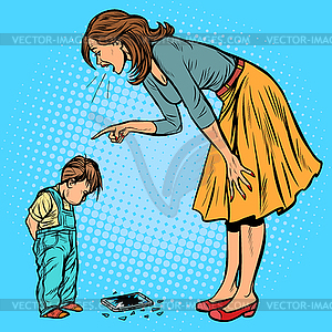 Mother and guilty son. broken phone - vector image