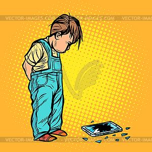 Boy baby broke phone - vector clipart