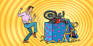 Man and motorcycle holiday gift box, funny - vector clipart