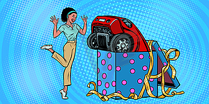 Car holiday gift box. African woman funny reaction - vector image