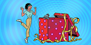 Собака щенка праздник подарочной коробке. Африканская смешная женщина - изображение векторного клипарта