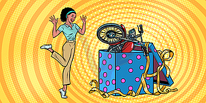 Motorcycle holiday gift box. African woman funny - vector image