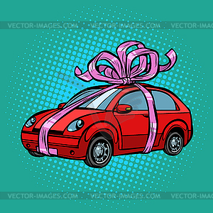 Car gift, transport tied with festive ribbons - vector image