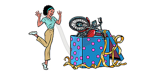 Motorcycle holiday gift box. African woman funny - vector clipart