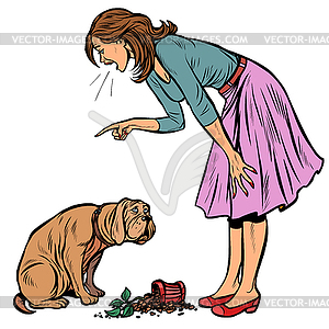 Woman scolds guilty dog. Broken pot with flower - vector image