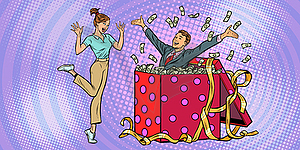 Woman happy surprise. man with money gift - vector image