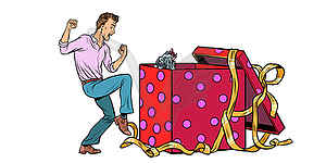 Man and dog puppy as gift holiday box, isolate - vector clipart