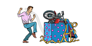 Man and motorcycle holiday gift box, isolate - vector clip art