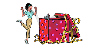 Dog puppy holiday gift box. African woman funny - vector image