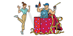 Woman surprise. repairman as gift - vector image