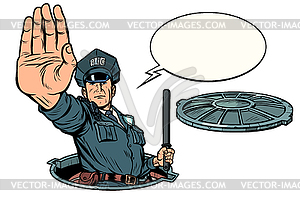 Police stop gesture, dangerous manhole. Road works - royalty-free vector clipart