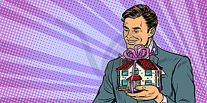 Businessman selling real estate, house as gift - vector clipart