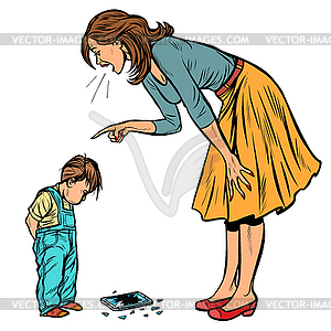 Mother And Guilty Son Broken Phone Isolate Vector Clip Art