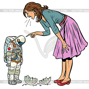 Woman scolds astronaut. guilty destroyed moon - vector clipart