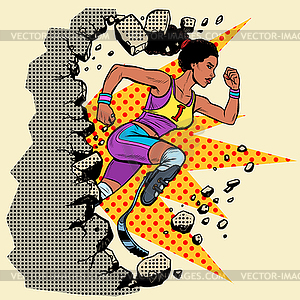 Breaks wall disabled African woman runner with leg - color vector clipart