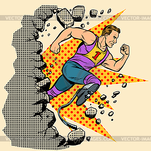 Breaks wall disabled runner with leg prostheses - vector clipart
